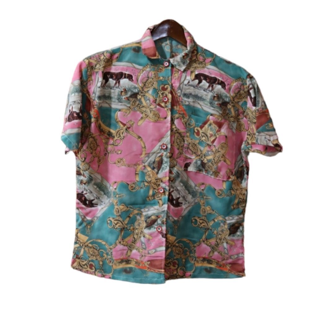 Vintage Chain Hunting Dog Preppy Print Button Down Shirt Medium